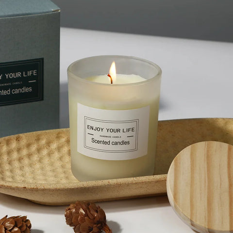 7x 8.4cm Wooden Lid Frosted Glass Jar Candle Soy Wax Aromatherapy Candle Wedding Smokeless Bamboo Lemon Rose Fragrance Gift