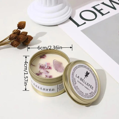 1PC Crystal Stone Aromatherapy Candle Plant Essential Oil Soybean Iron Can Candle Dry Flower