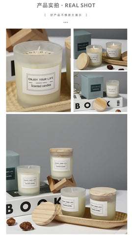 7x 8.4cm Wooden Lid Frosted Glass Jar Candle Soy Wax Aromatherapy Candle Wedding Smokeless Bamboo Lemon Rose Fragrance Gift