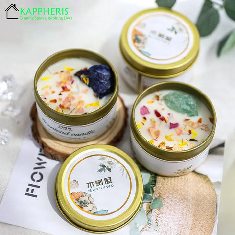Scented Aromatic Candles Crystal Dried Flower Candle In Gold Tin Jars for Home Decoration Centerpiece Wedding Guest Gift Candles