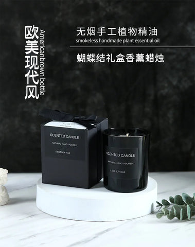 Gloss Black Glass Jar with Bow - Smokeless Soy Wax Candle in Romantic Gift Box, Luxury Scented Candle for Home Decor