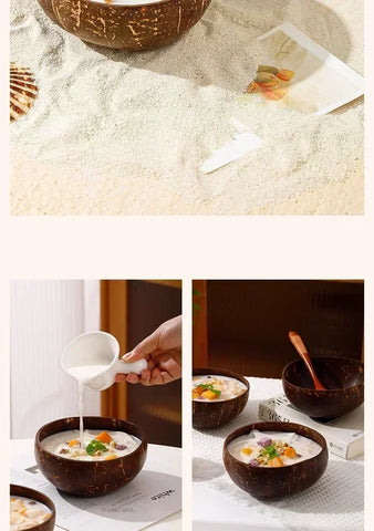 3 Sizes Natural Coconut Shell Bowl Coconut Bowl Wooden Bowls Light Food Container Fruit Salad Milkshake Dessert Bowl
