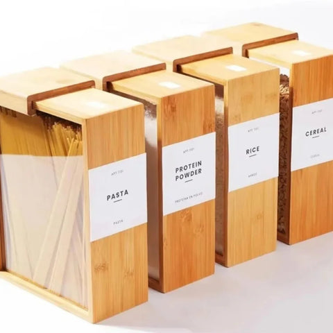 New 2L Food Dispenser Airtight Wooden Food Storage Container with Label Dampproof Kitchen Organizer Kitchen