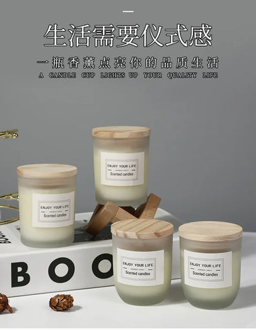 7x 8.4cm Wooden Lid Frosted Glass Jar Candle Soy Wax Aromatherapy Candle Wedding Smokeless Bamboo Lemon Rose Fragrance Gift
