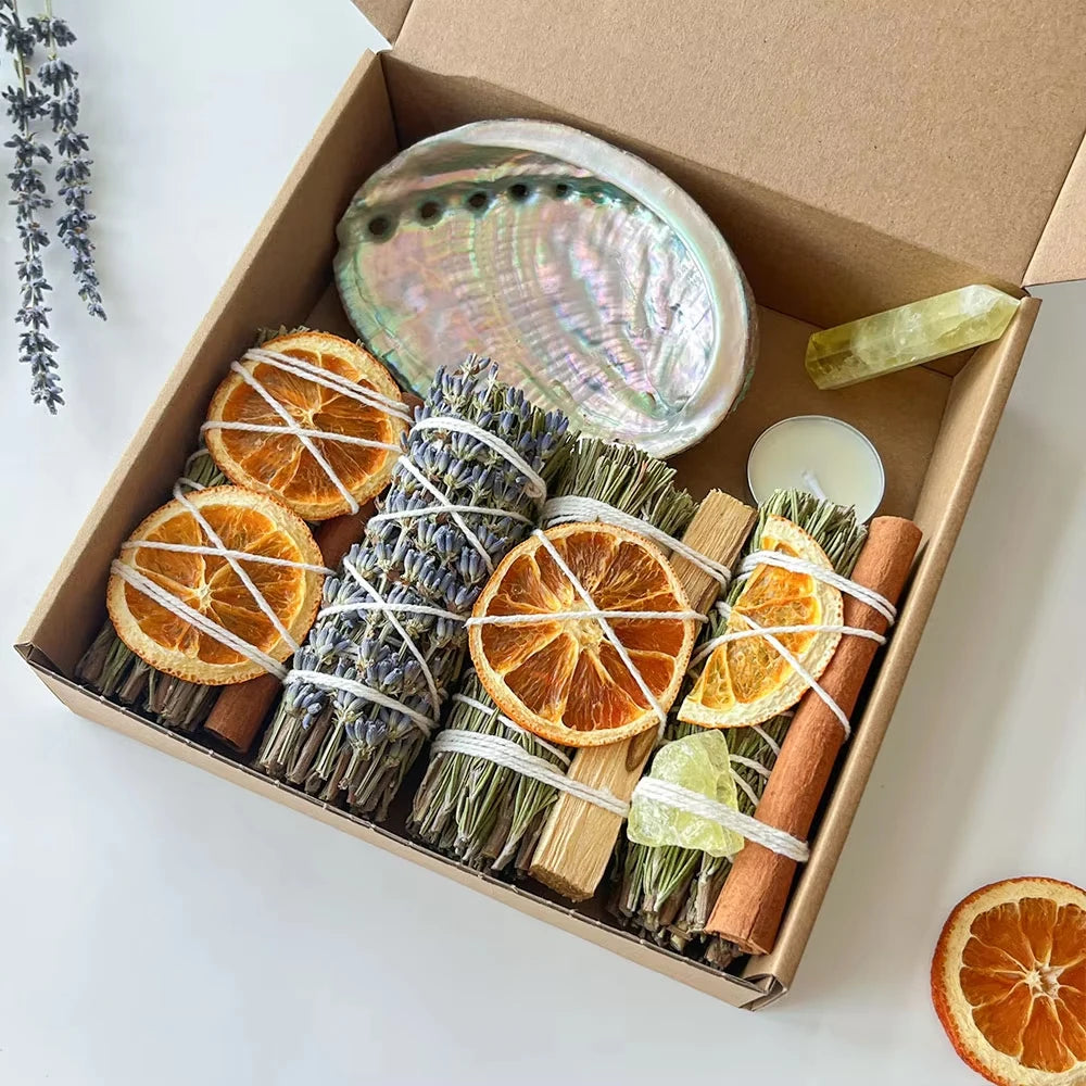 7Pcs Home Cleansing Smudging Kit Rosemary Bundles Set Healing Citrine Set with Crystals Negative Energy Cleansing Remover