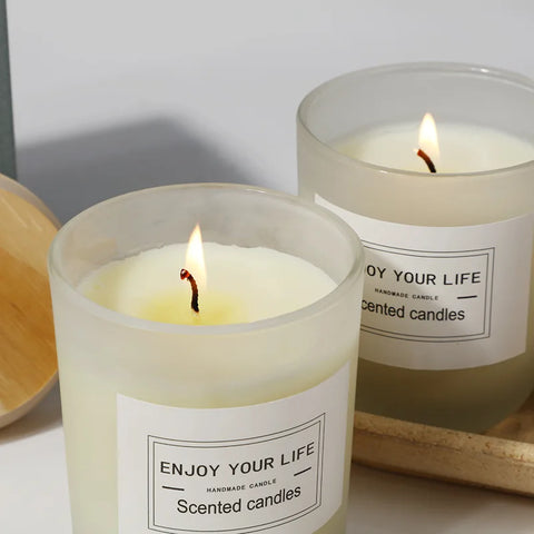 7x 8.4cm Wooden Lid Frosted Glass Jar Candle Soy Wax Aromatherapy Candle Wedding Smokeless Bamboo Lemon Rose Fragrance Gift