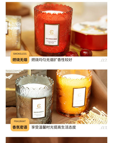 Lace Embossed Scented Candle Cup Soy Wax Glass Cup Home Bedroom Living Room Air Fresh Fragrance Ornaments