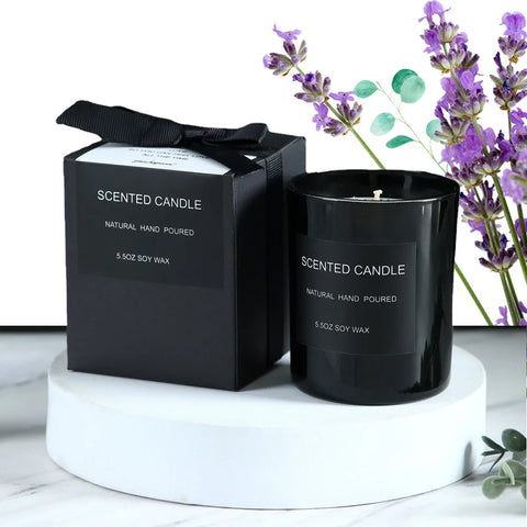 Gloss Black Glass Jar with Bow - Smokeless Soy Wax Candle in Romantic Gift Box, Luxury Scented Candle for Home Decor