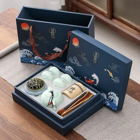 KungFu Tea Set Incense Burner Gift Box Ceremony One Pot Four Cups Can Sandalwood Incense Burner Chinese Ceramic Portable Tea Set