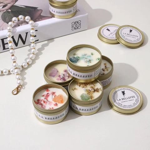 1PC Crystal Stone Aromatherapy Candle Plant Essential Oil Soybean Iron Can Candle Dry Flower