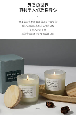 7x 8.4cm Wooden Lid Frosted Glass Jar Candle Soy Wax Aromatherapy Candle Wedding Smokeless Bamboo Lemon Rose Fragrance Gift