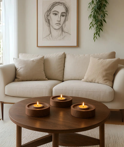 Vintage Teak Wood Round Tealight Candle Holder