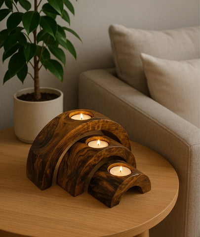Handmade Decorative Wooden Tealight Holders Wood Half Set of 3