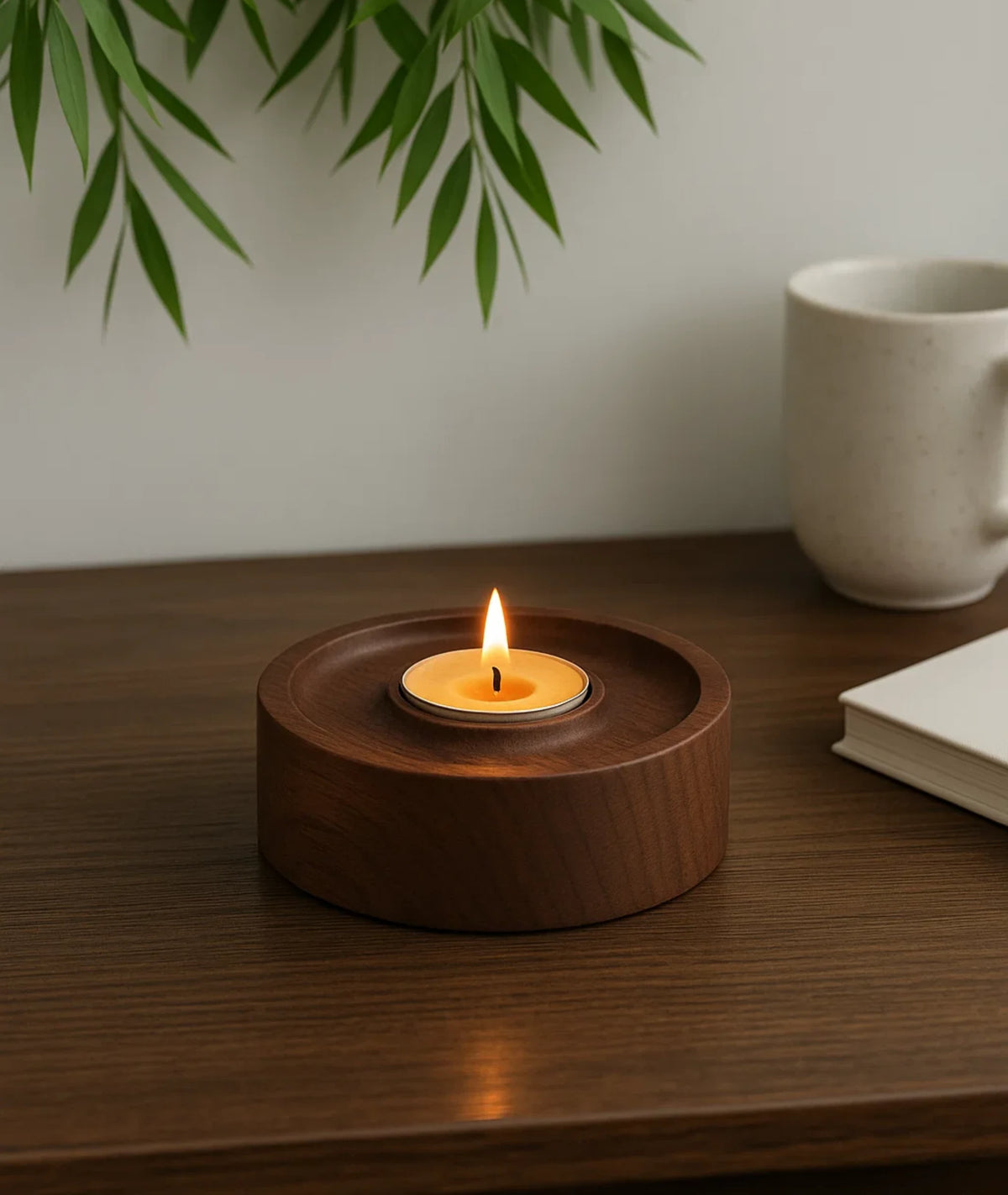 Vintage Teak Wood Round Tealight Candle Holder